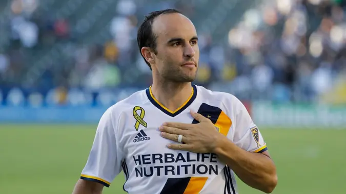 Mandatory Credit: Photo by Jae C Hong/AP/Shutterstock (11881836a)Los Angeles Galaxy's Landon Donovan acknowledges fans after the team's MLS soccer match against Orlando City in Carson, Calif.