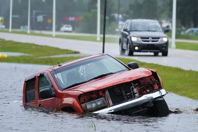 Mandatory Credit: Photo by Steve Helber/AP/Shutterstock (12382734a)An abandoned vehicle is half submerged in a ditch next to a near flooded highway as the outer bands of Hurricane Ida arrive, in Bay Saint Louis, MissTropical Weather Atlantic, Bay Saint Louis, United States - 29 Aug 2021.