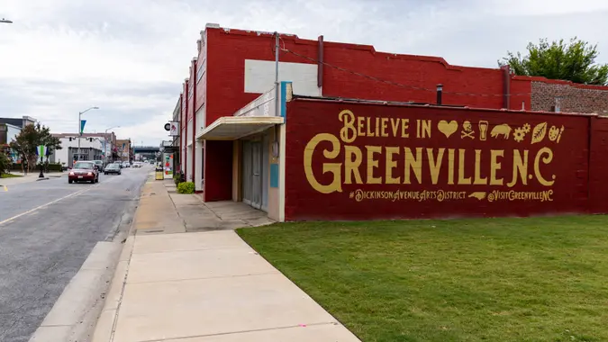 Greenville, NC / USA - September 24, 2020: Believe in Greenville NC mural in the Greenville Arts District.