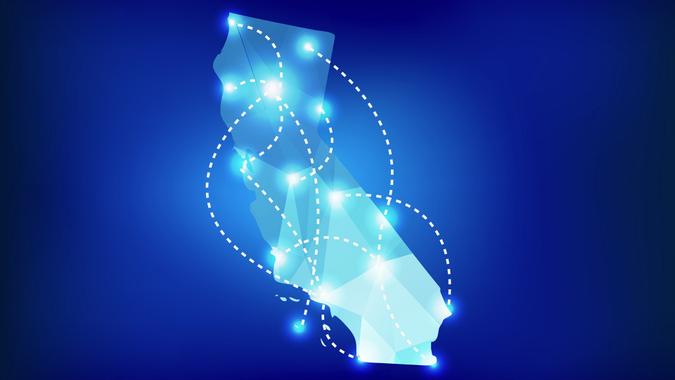 California state map polygonal with spotlights places stock illustration