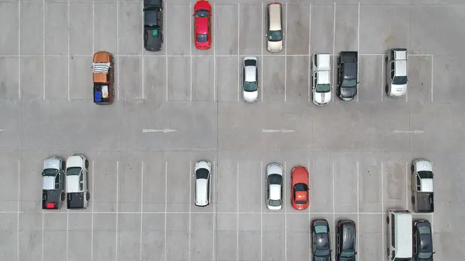 Aerial view of car parking top view stock photo