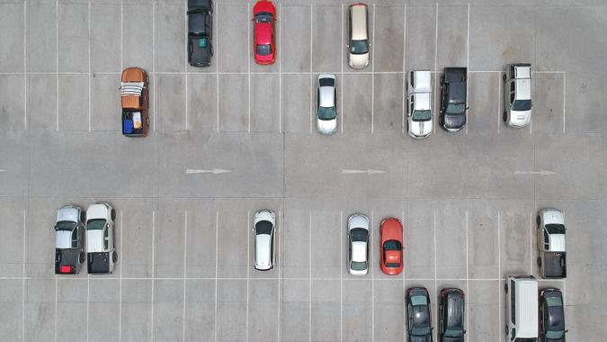 Aerial view of car parking top view stock photo