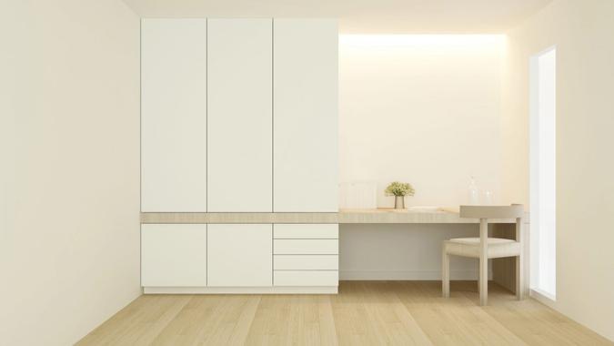 Work space or walk in closet in home or apartment on interior design scadinavian style - 3D Rendering.