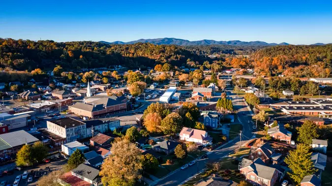Aerial sunset during the fall in Ellijay Georgia at the Georgia Mountains.