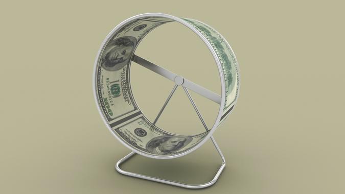 Exercise Hamster Wheel with Dollar Bills - 3D Rendering.