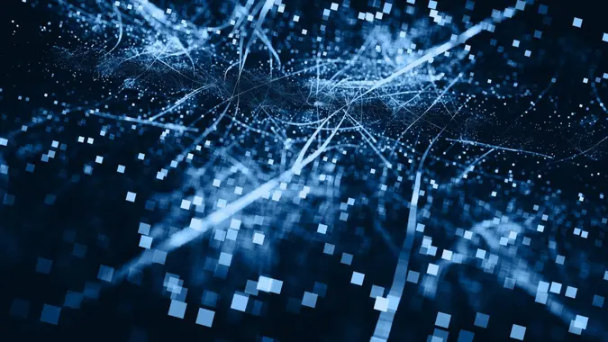 Abstract Exploding Pixel Connection Communication 5G Energy Network Computer Smart City Pattern Internet Technology Background Light Beams Neon Blue Zoom Effect Fractal Art Futuristic Texture Template for presentation, flyer, card, poster, brochure, banner.