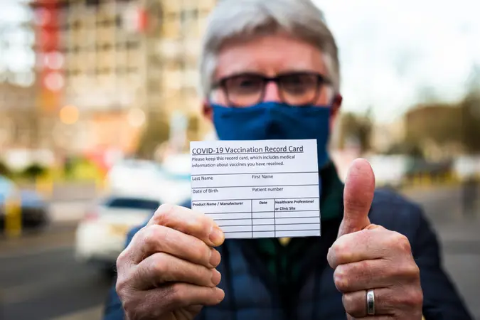 Close up color image depicting a senior man in his 70s holding a card outdoors in the city with details of his covid-19 vaccination.