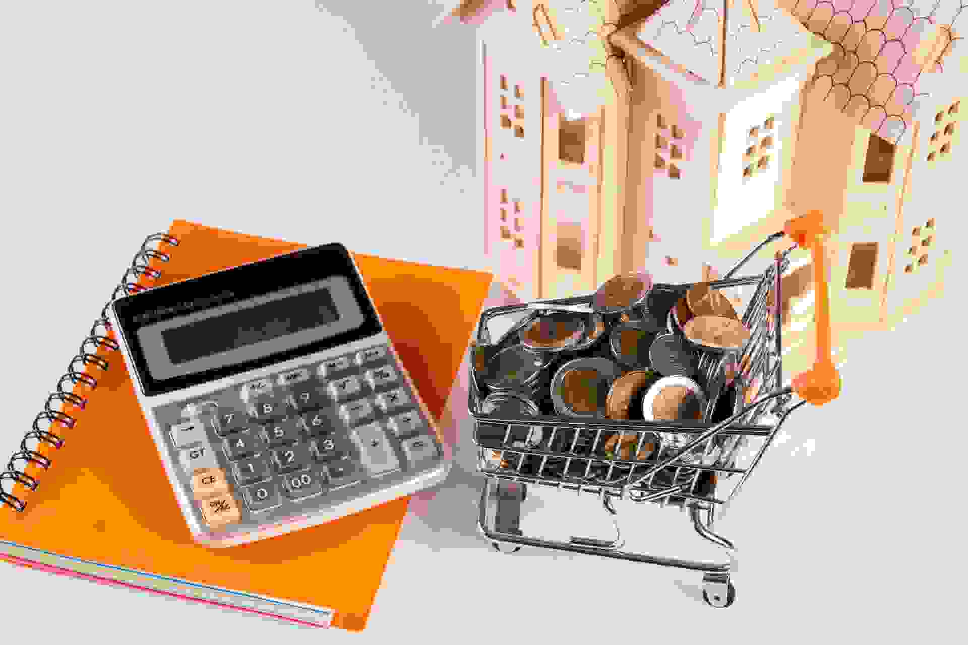Wood house model, coins in shopping cart and financial notebook on desk table.