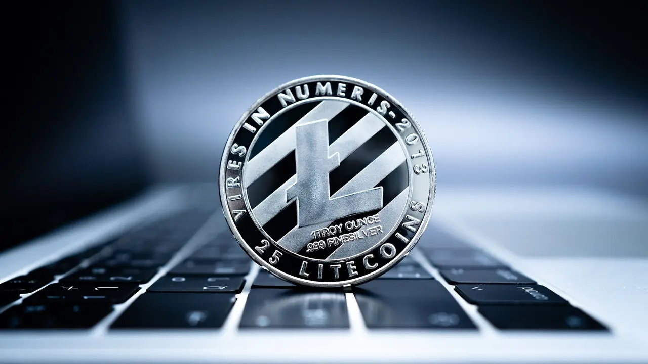 Close up of silver coin Litecoin on laptop computer keyboard. stock photo