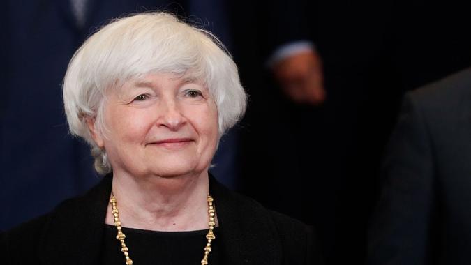 Mandatory Credit: Photo by STEPHANIE LECOCQ/EPA-EFE/Shutterstock (12209626ao)United States Secretary of the Treasury Janet Yellen during a family picture at the end of a meeting of Eurogroup Finance Ministers, at the European Council in Brussels, Belgium, 12 July 2021.