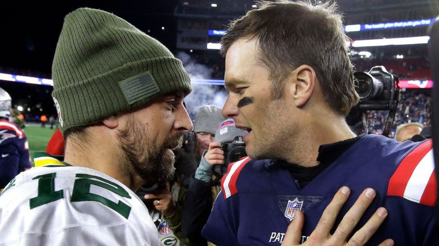 Mandatory Credit: Photo by Steven Senne/AP/Shutterstock (9960511ap)Green Bay Packers quarterback Aaron Rodgers, left, and New England Patriots quarterback Tom Brady speak at midfield after an NFL football game, in Foxborough, MassPackers Patriots Football, Foxborough, USA - 04 Nov 2018.