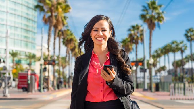 Hispanic Business Women Walking Downtown San Diego stock photo