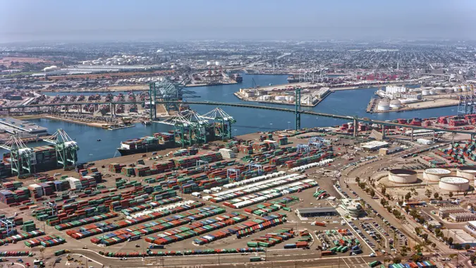 Aerial view of Vincent Thomas Bridge at the Port of Los Angeles, California, USA.