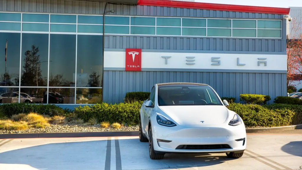 Fremont, CA, USA - January 20, 2021: Tesla factory plant, an American electric vehicle and clean energy company based in Palo Alto, California.