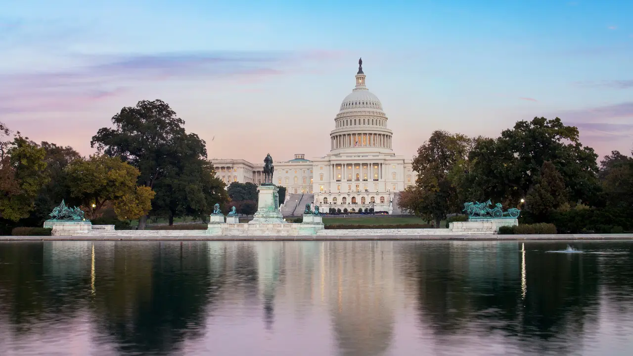 The United States pf America capitol building on sunrise and sunset.