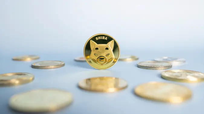 Shiba Inu or Shib coin standing centrally placed among bunch of crypto coins on blue background.