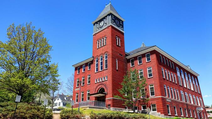 Plymouth, New Hampshire, USA - May 18, 2016: Daytime view of Rounds Hall Tower on the campus of Plymouth State University.