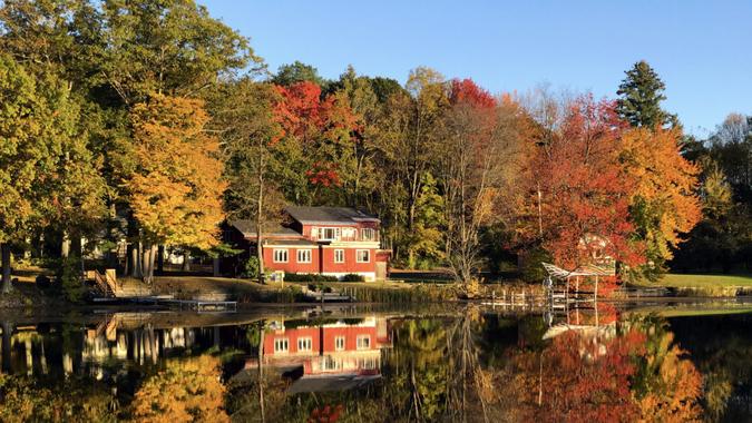 Vermont, United States of America – October 20, 2017: View across Lake Bomoseen during Autumn.