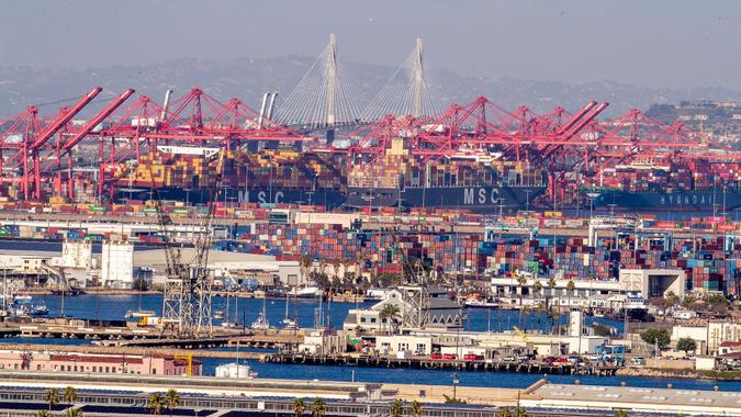 Ships being unloaded and waiting to be unloaded, Los Angeles, California, United States - 13 Oct 2021