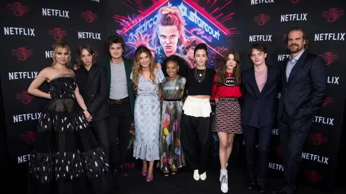 Mandatory Credit: Photo by Charles Sykes/Invision/AP/Shutterstock (10473276be)Cara Buono, Maya Hawke, Joe Keery, Millie Bobby Brown, Priah Ferguso, Carmen Cuba, Natalia Dyer, Charlie Heaton, David Harbour.