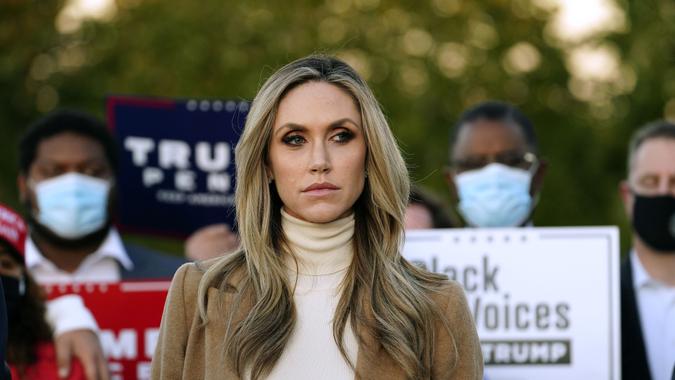 Mandatory Credit: Photo by Matt Slocum/AP/Shutterstock (10996552g)Lara Trump, daughter-in-law of President Donald Trump listens to Rudy Giuliani, a lawyer for President Trump, speak during a news conference on legal challenges to vote counting in Pennsylvania, in PhiladelphiaElection 2020 Pennsylvania, Philadelphia, United States - 04 Nov 2020.