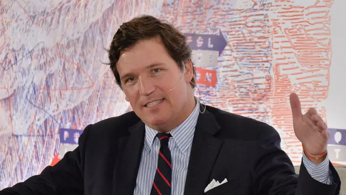 Mandatory Credit: Photo by Jim Ruymen/UPI/Shutterstock (12415319aq)Political commentator Tucker Carlson participates in "A Ship of Fools: James Carville Interviews Tucker Carlson Q&A during Politicon at the Los Angeles Convention Center in Los Angeles, California on October 20, 2017.