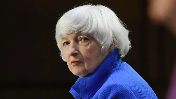 Mandatory Credit: Photo by MATT MCCLAIN/POOL/EPA-EFE/Shutterstock (12475212d)United States Secretary of the Treasury Janet Yellen appears before the Senate Banking, Housing and Urban Affairs Committee with Chair of the Federal Reserve Jerome Powell at the Hart Senate Office Building in Washington, DC, USA, 28 September 2021.