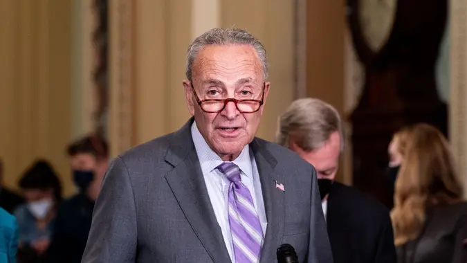 Mandatory Credit: Photo by Michael Brochstein/SOPA Images/Shutterstock (12525518f)Senate Majority Leader Chuck Schumer (D-NY) speaks at a press conference of the Senate Democratic Caucus leadership.