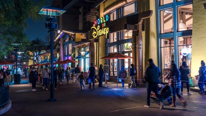 Large Lines Form Outside of World of Disney Store during Disneyland Coronavirus Closure; Disneyland to Become Massive Vaccination Site stock photo