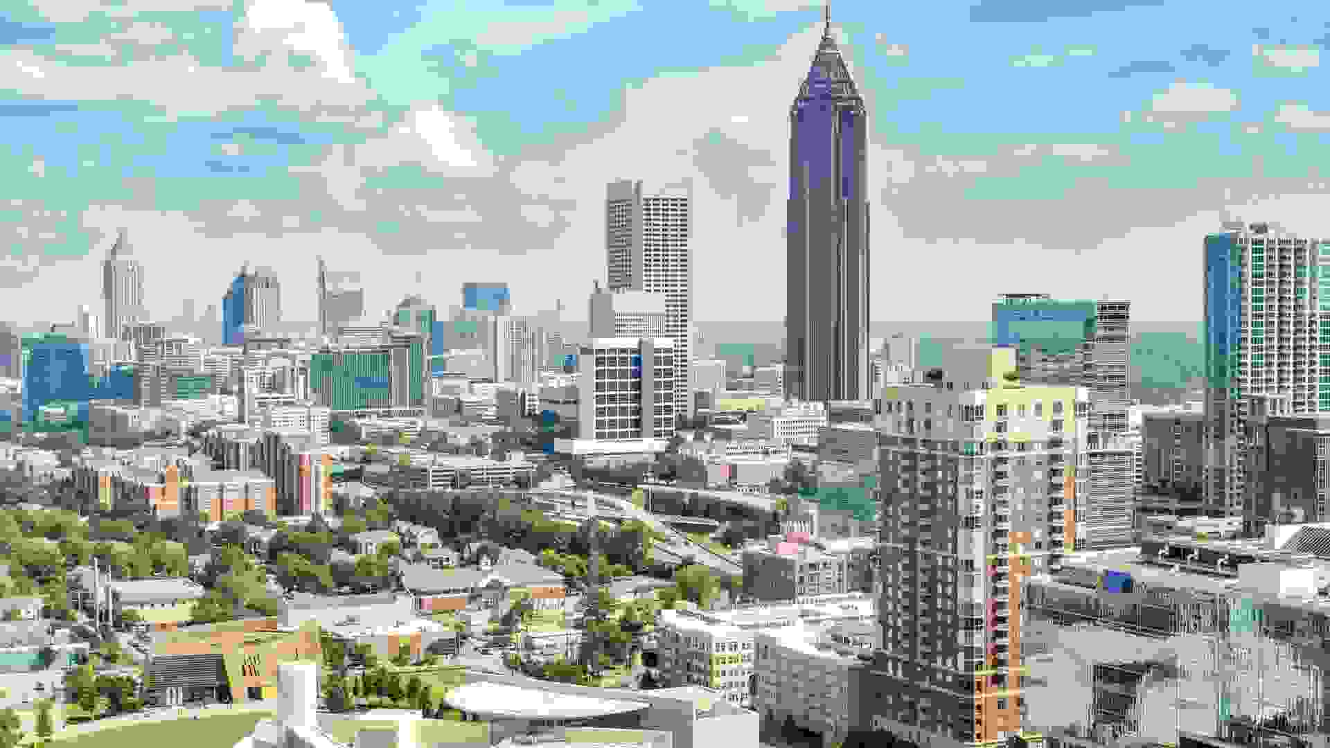 High-angle view of Atlanta's modern skyline, including office buildings, hotels, and condominiums - Atlanta, Georgia, USA.