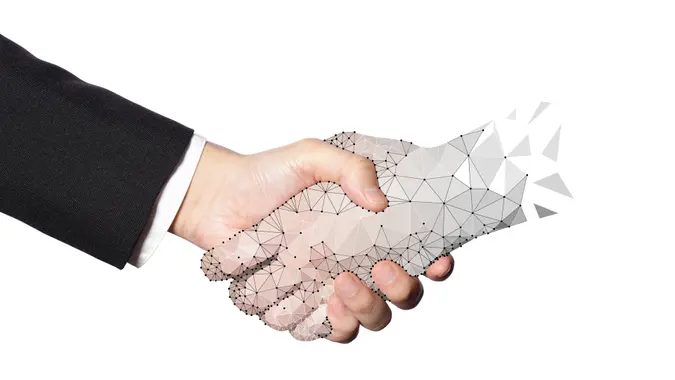 Human Handshaking with a Polygon High Tech AI Robot Hand.
