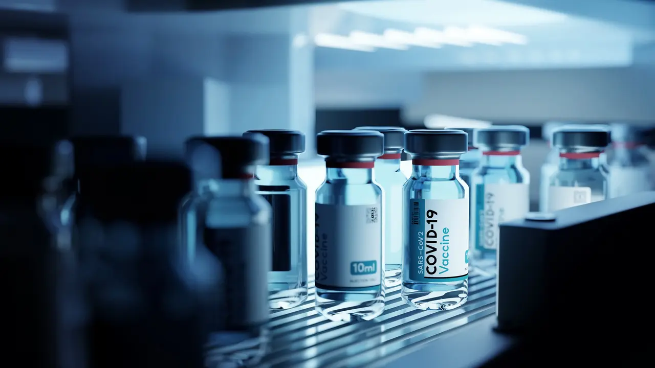 Bottle vials of Covid-19 vaccine production in cold refrigerated storage.