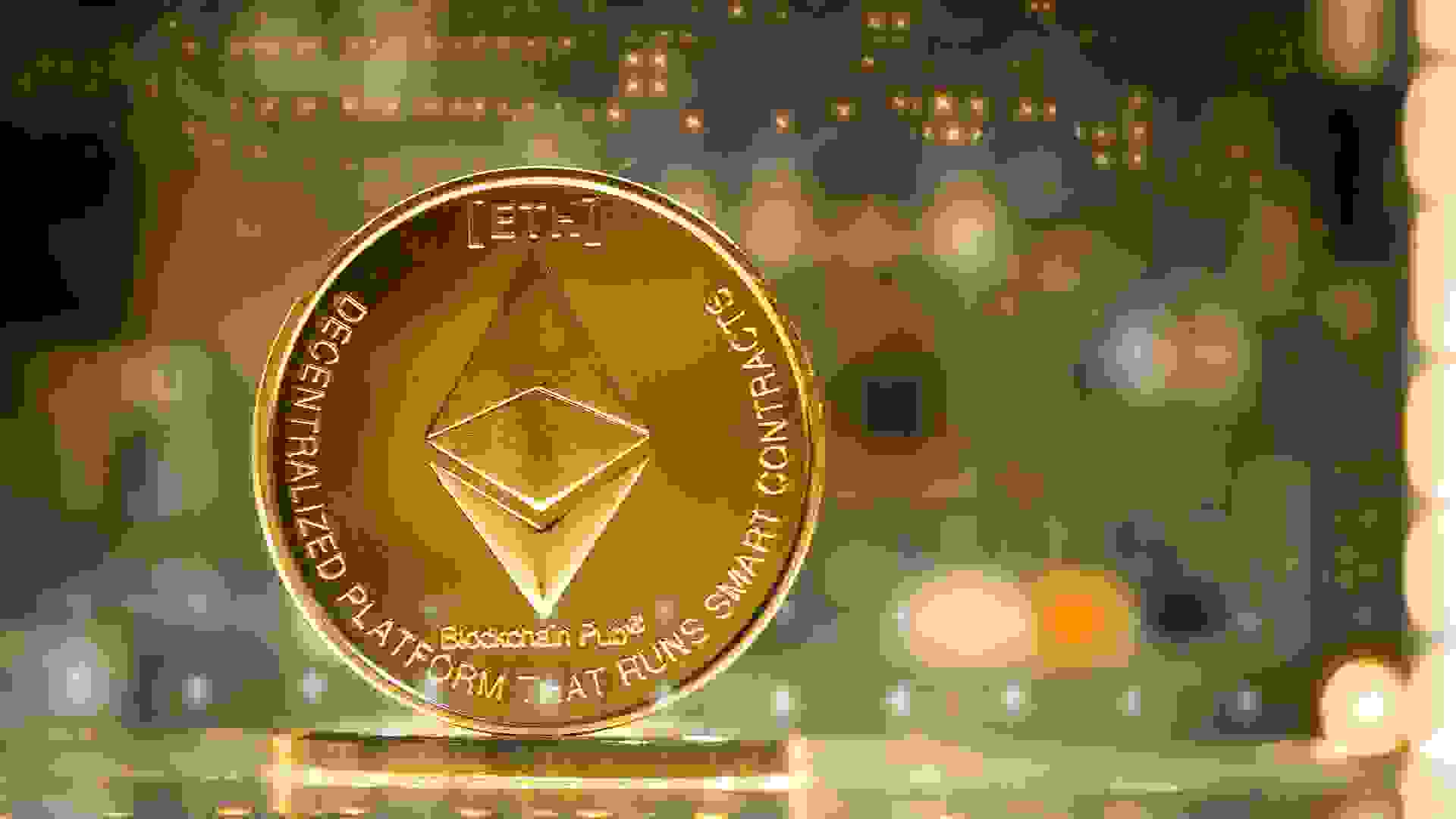 Curitiba, PR, Brazil - June 16, 2021: Ethereum coin on a circuit board setup with LEDs representing the high technology involved in the cryptocurrency network.