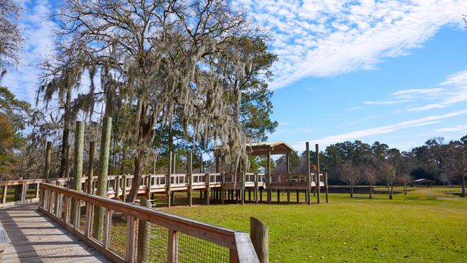 Tomball Burroughs park in Houston Texas with mossy oaks.