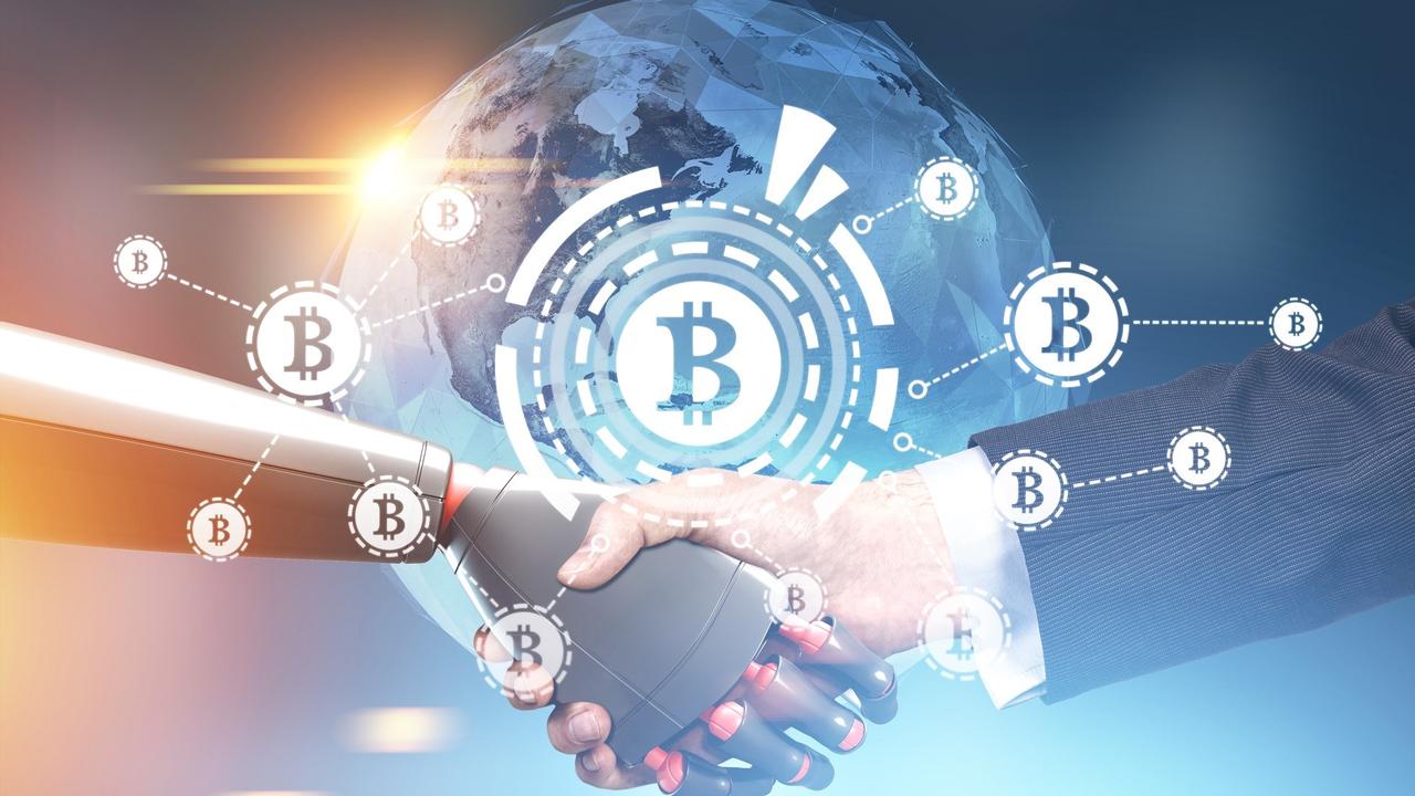 Man and robot handshake, bitcoins, HUD stock photo