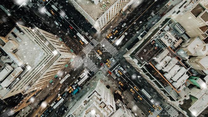 Aerial view of fifth avenue snowing stock photo