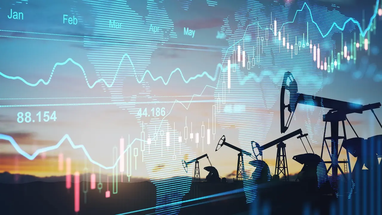 Rise in gasoline prices concept with double exposure of digital screen with financial chart graphs and oil pumps on a field. stock photo