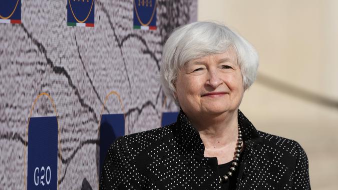 Mandatory Credit: Photo by Alessandra Tarantino/AP/Shutterstock (12577999o)Secretary of the Treasury Janet Yellen poses as she arrives for a meeting of G20 finance and health ministers at the Salone delle Fontane (Hall of Fountains) in Rome, .