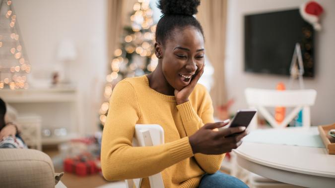 Staying in touch with friends and family during winter holidays stock photo