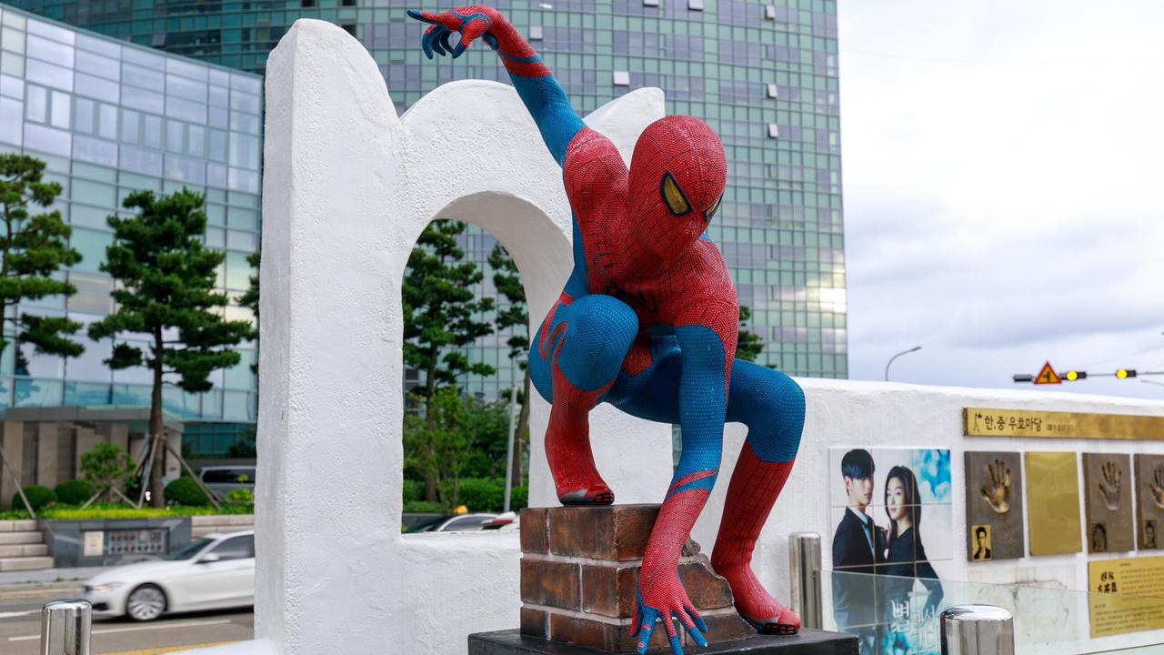 Busan, South Korea - Jul 12, 2018 : Spider-Man statue at Busan haeundae Cinema Street.