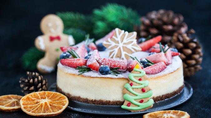 Delicious Christmas ginger cheesecake with fresh berries decoration.
