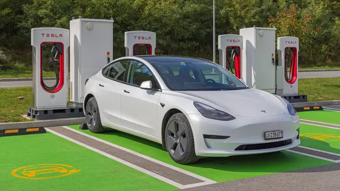 Belgrade, Serbia - October 13, 2021: Tesla Fast Charging Station at Ikea Shopping Centre.