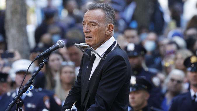 Mandatory Credit: Photo by John Angelillo/UPI/Shutterstock (12439773s)Bruce Springsteen performs during ceremonies at ground zero in Lower Manhattan near One World Trade Center on the 20th anniversary of the terrorist attacks on the World Trade Center at Ground Zero in New York City on Saturday, September 11, 2021.