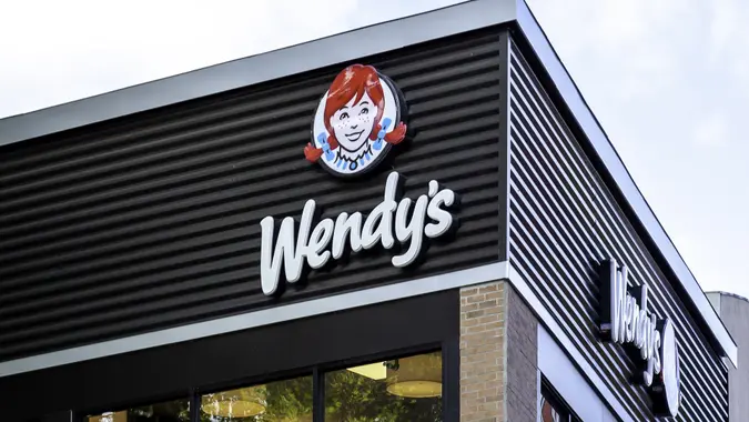 Sign of Wendy's restaurant in Niagara Falls, Ontario, Canada. stock photo