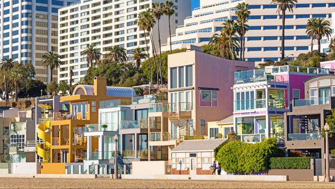 Stock photograph of Colorful Beach Homes and Hotels in Santa Monica California USA on a sunny day.