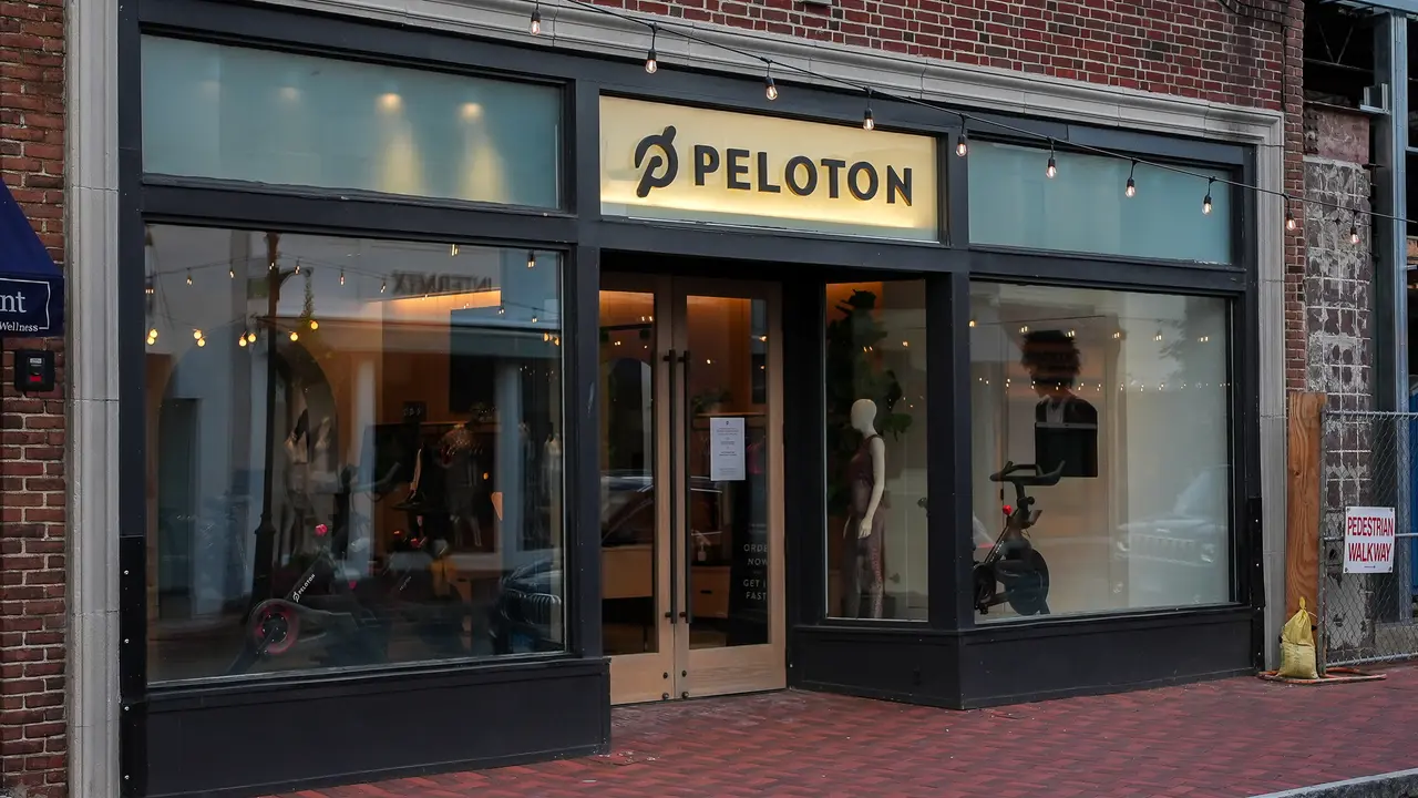 Westport, CT, USA - July 4, 2021: Peloton store entrance view from Main Street in down town area.