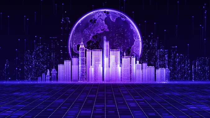 The smart city of cyberspace and metaverse digital data of futuristic and technology, Internet and big data of cloud computing, 5g connection data analysis background concept.