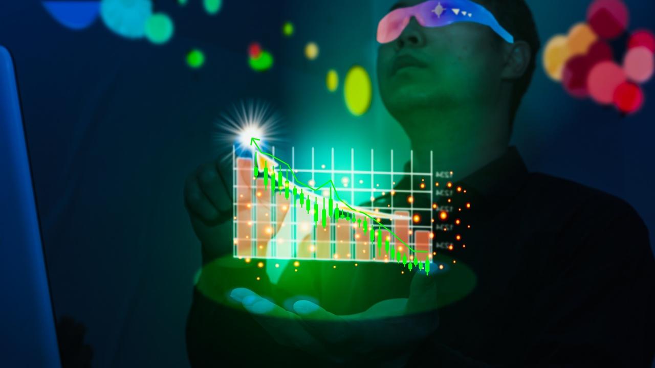 Stock investor hold tablet show graph of stock market in hologram via metaverse stock photo