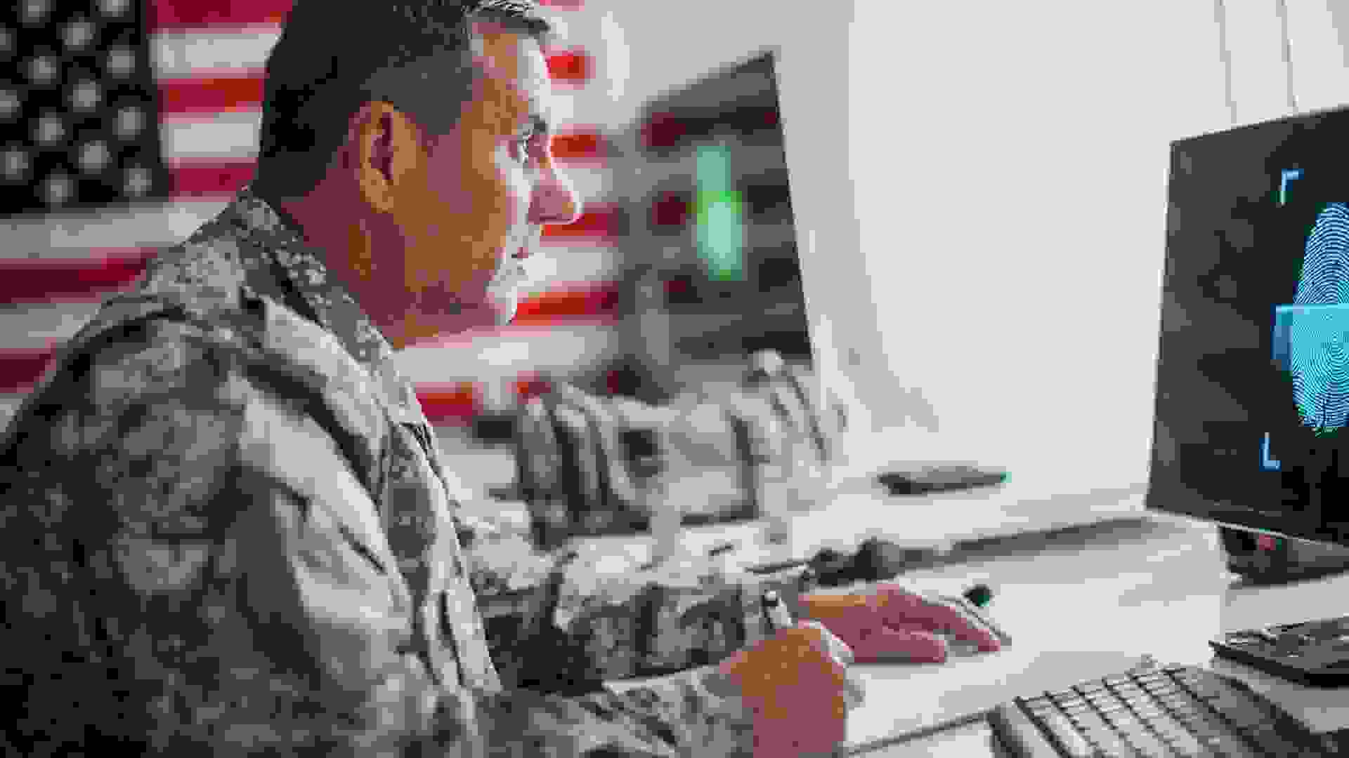 Senior soldier investigating fingerprints stock photo
