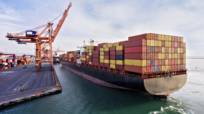 Aerial view of cargo ship in transit. stock photo
